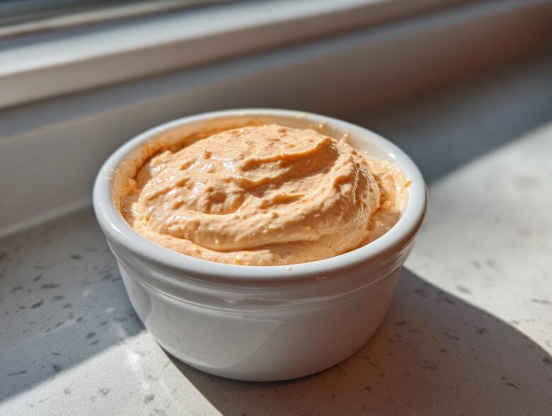 A creamy, orange-hued Copycat Classic Burger Spread Sauce mounded in a small white ramekin.