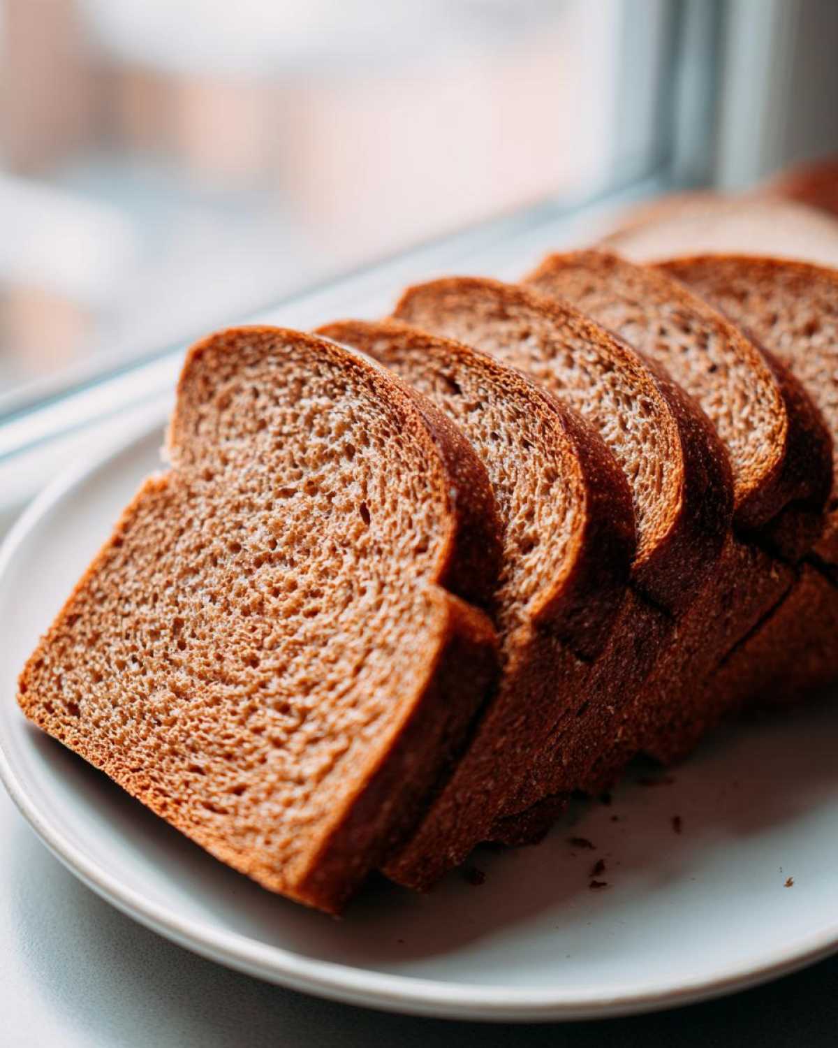 Several thick slices of rich, dark brown honey wheat bread fanned out on a light plate near a window.