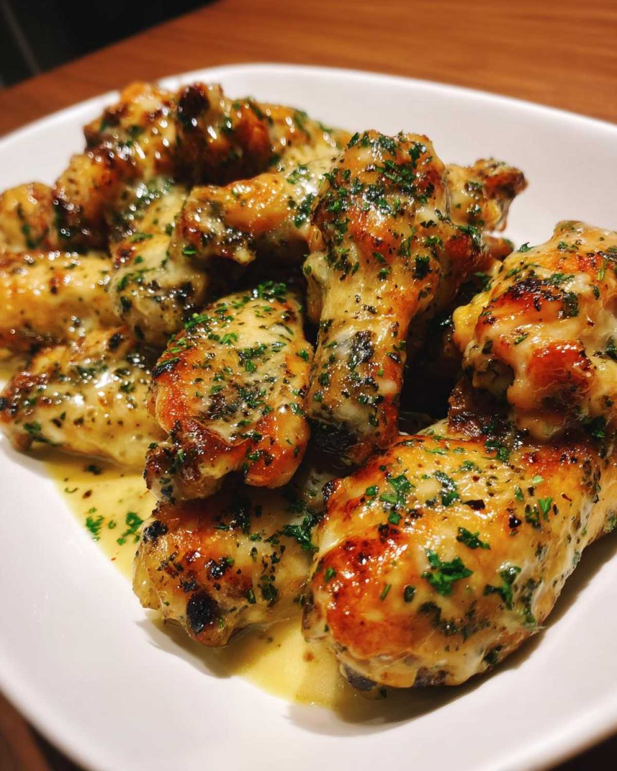 Close-up of crispy chicken wings generously coated in Copycat Garlic Parmesan Wing Sauce and sprinkled with parsley.