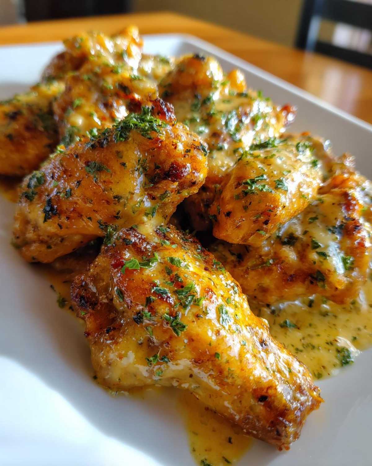 Crispy chicken wings generously coated in a creamy, yellow Copycat Garlic Parmesan Wing Sauce and sprinkled with parsley.
