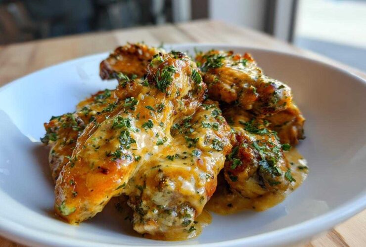 Close-up of crispy chicken wings generously coated in rich Copycat Garlic Parmesan Wing Sauce and topped with fresh parsley.