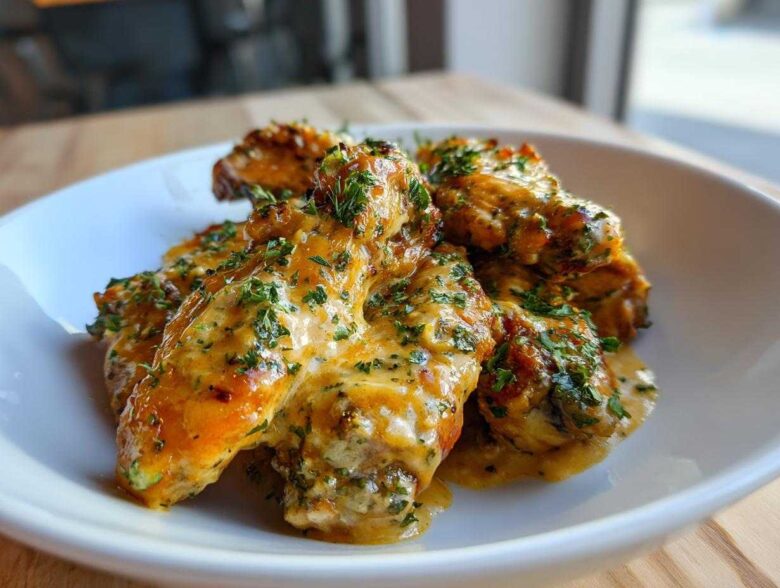Close-up of crispy chicken wings generously coated in rich Copycat Garlic Parmesan Wing Sauce and topped with fresh parsley.