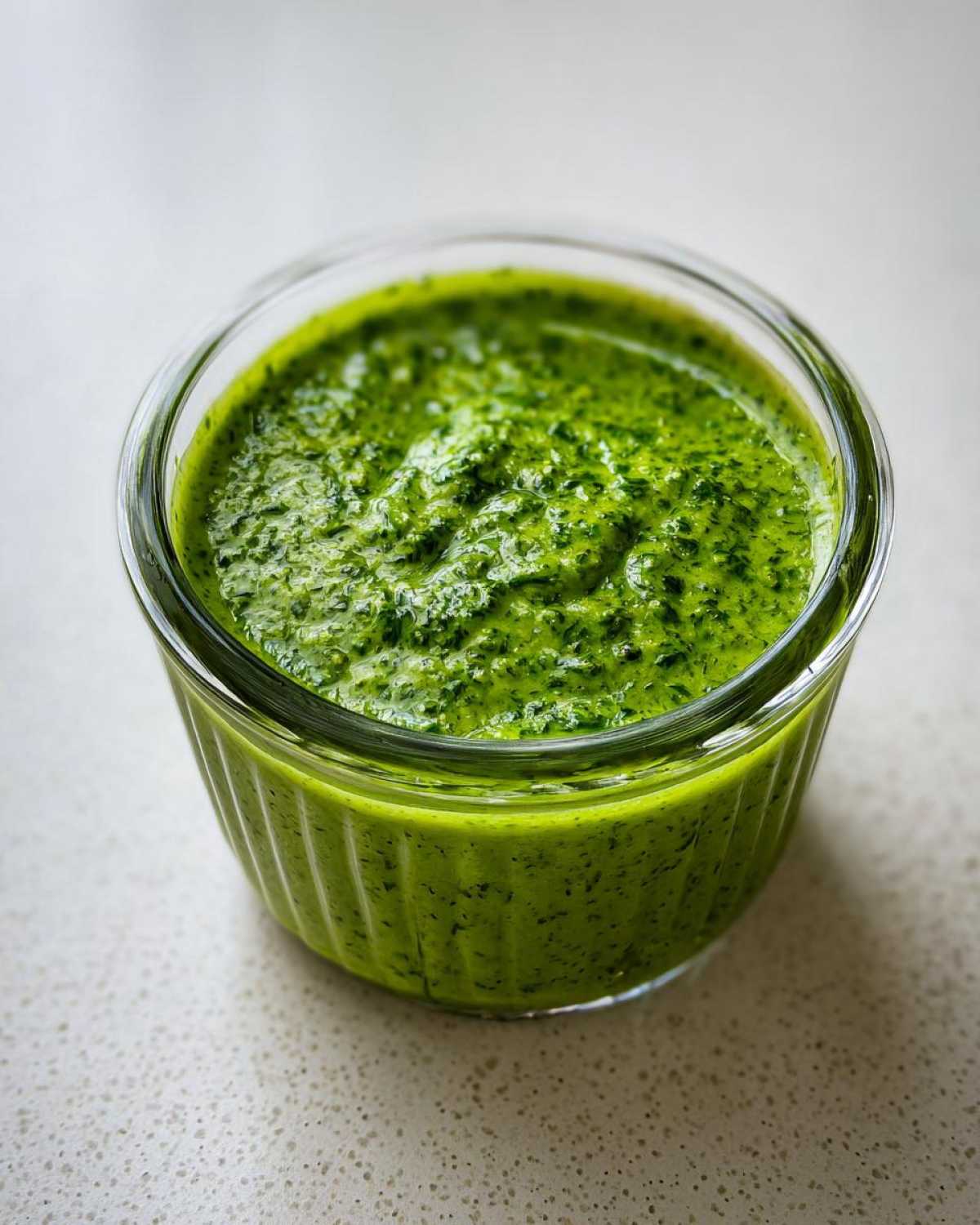 A close-up of thick, bright green Copycat Green Goddess Ranch Dressing in a small glass dish.