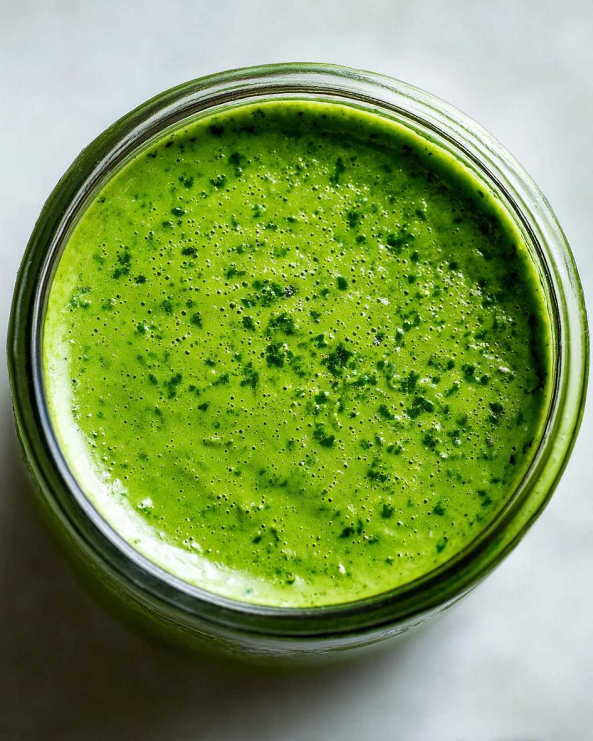 Overhead view of bright green, freshly blended Copycat Green Goddess Ranch Dressing inside a clear glass jar.