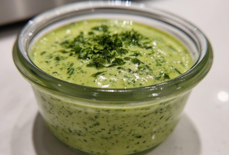 Close-up of creamy, bright green Copycat Green Goddess Ranch Dressing topped with fresh chopped herbs in a small glass container.