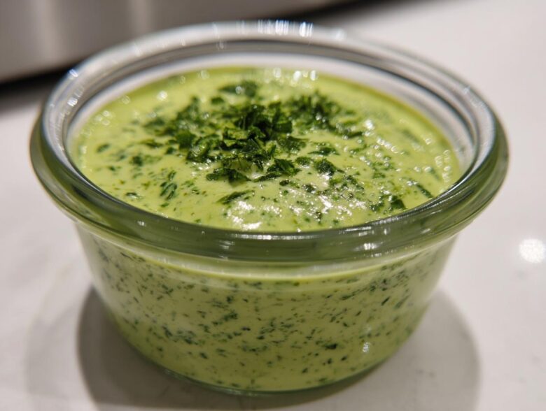 Close-up of creamy, bright green Copycat Green Goddess Ranch Dressing topped with fresh chopped herbs in a small glass container.