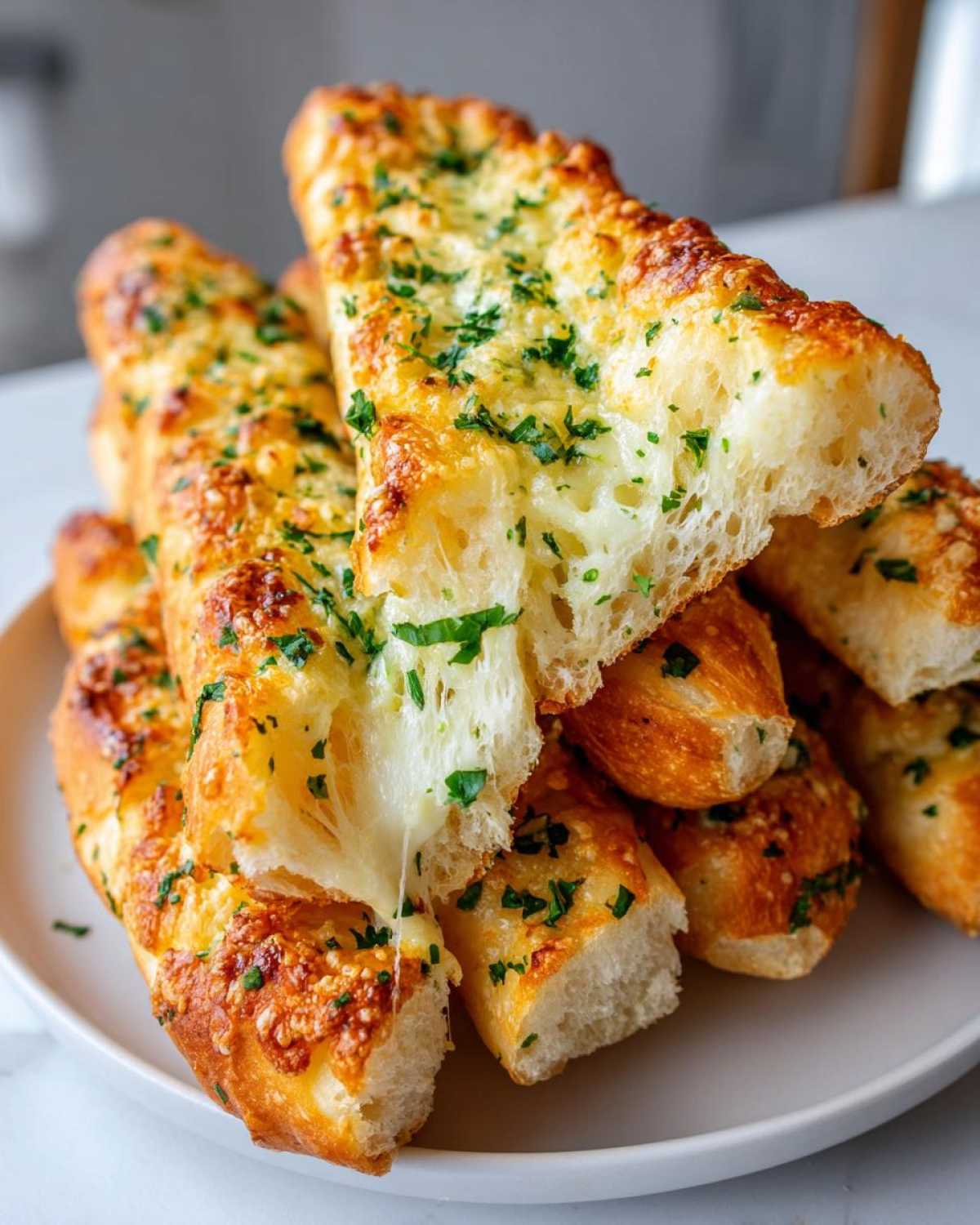 A stack of cheesy Copycat Italian Restaurant Soft Garlic Breadsticks, one piece pulled apart showing melted cheese stretch.