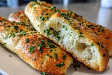Close-up of Copycat Italian Restaurant Soft Garlic Breadsticks, showing the fluffy, airy interior texture.
