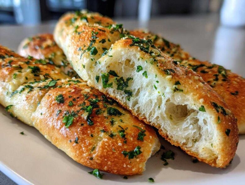 Close-up of Copycat Italian Restaurant Soft Garlic Breadsticks, showing the fluffy, airy interior texture.