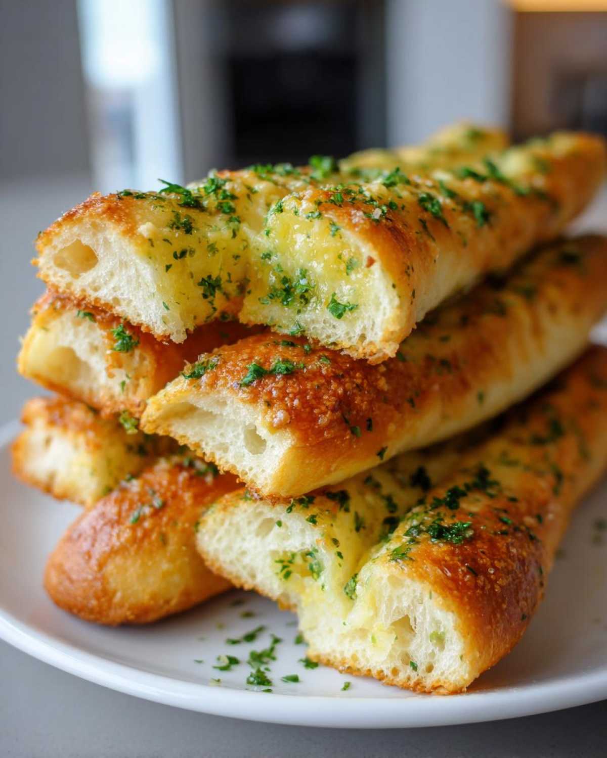 A stack of soft, golden Copycat Italian Restaurant Soft Garlic Breadsticks glistening with butter and topped with fresh parsley.