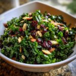A vibrant bowl of Copycat Kale Crunch Salad featuring glossy kale, sliced almonds, and dried cranberries.