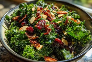 A close-up bowl of Copycat Kale Crunch Salad featuring bright green kale tossed in dressing, topped with dried cranberries, slivered almonds, and crispy bits.