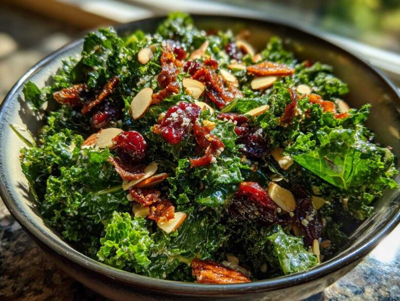 A close-up bowl of Copycat Kale Crunch Salad featuring bright green kale tossed in dressing, topped with dried cranberries, slivered almonds, and crispy bits.