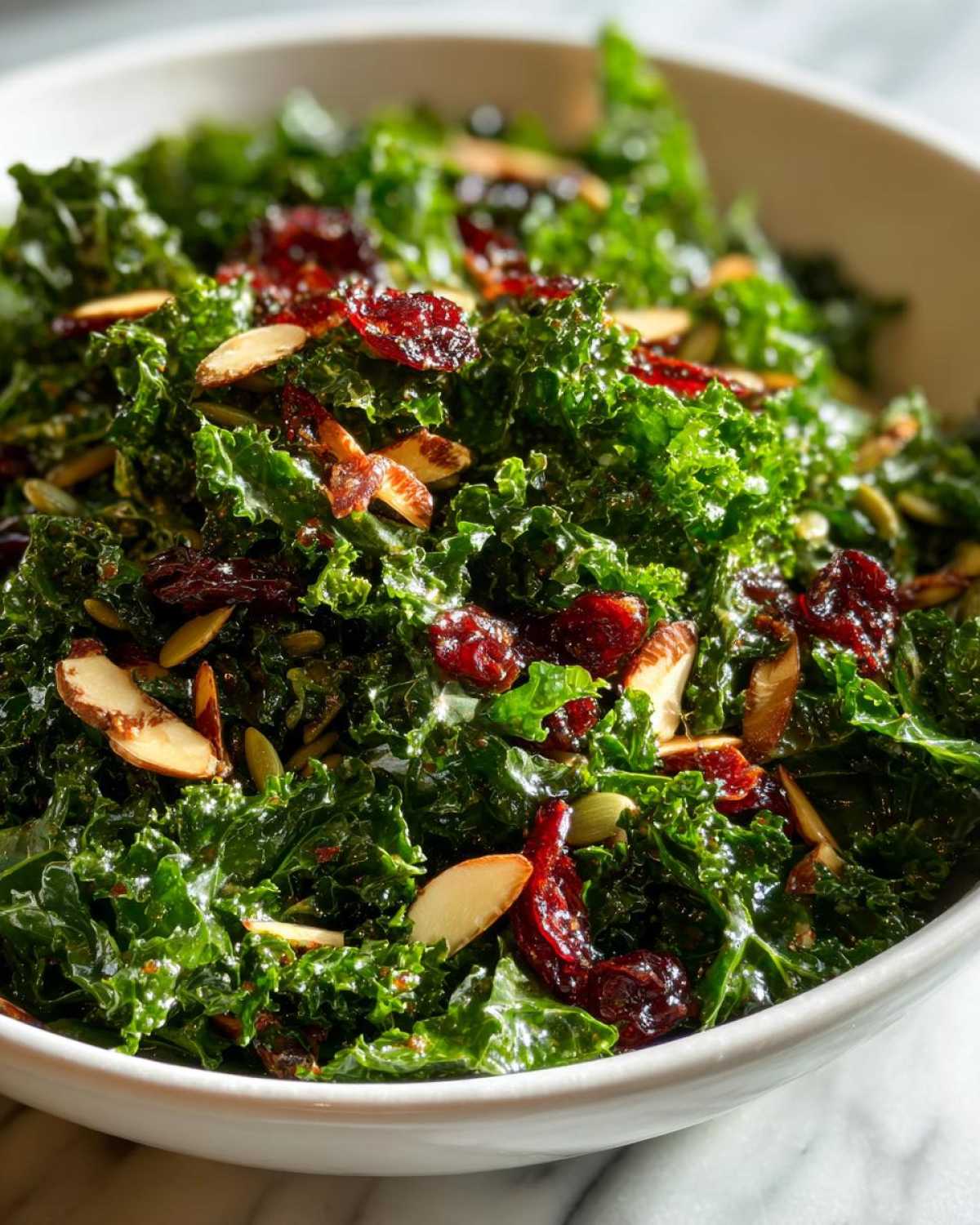 Close-up of vibrant green kale tossed in dressing, topped with sliced almonds, pumpkin seeds, and dried cranberries in the Copycat Kale Crunch Salad.