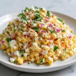 A mound of vibrant Copycat Mexican Grill Corn Salsa topped with cotija cheese, red onion, and cilantro.