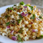 A close-up serving of Copycat Mexican Grill Corn Salsa featuring charred corn, cotija cheese, red onion, and cilantro.