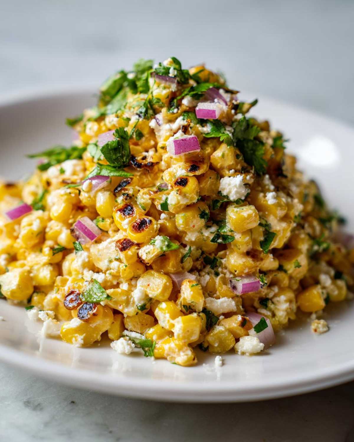 A mound of Copycat Mexican Grill Corn Salsa featuring charred corn, cotija cheese, red onion, and cilantro.