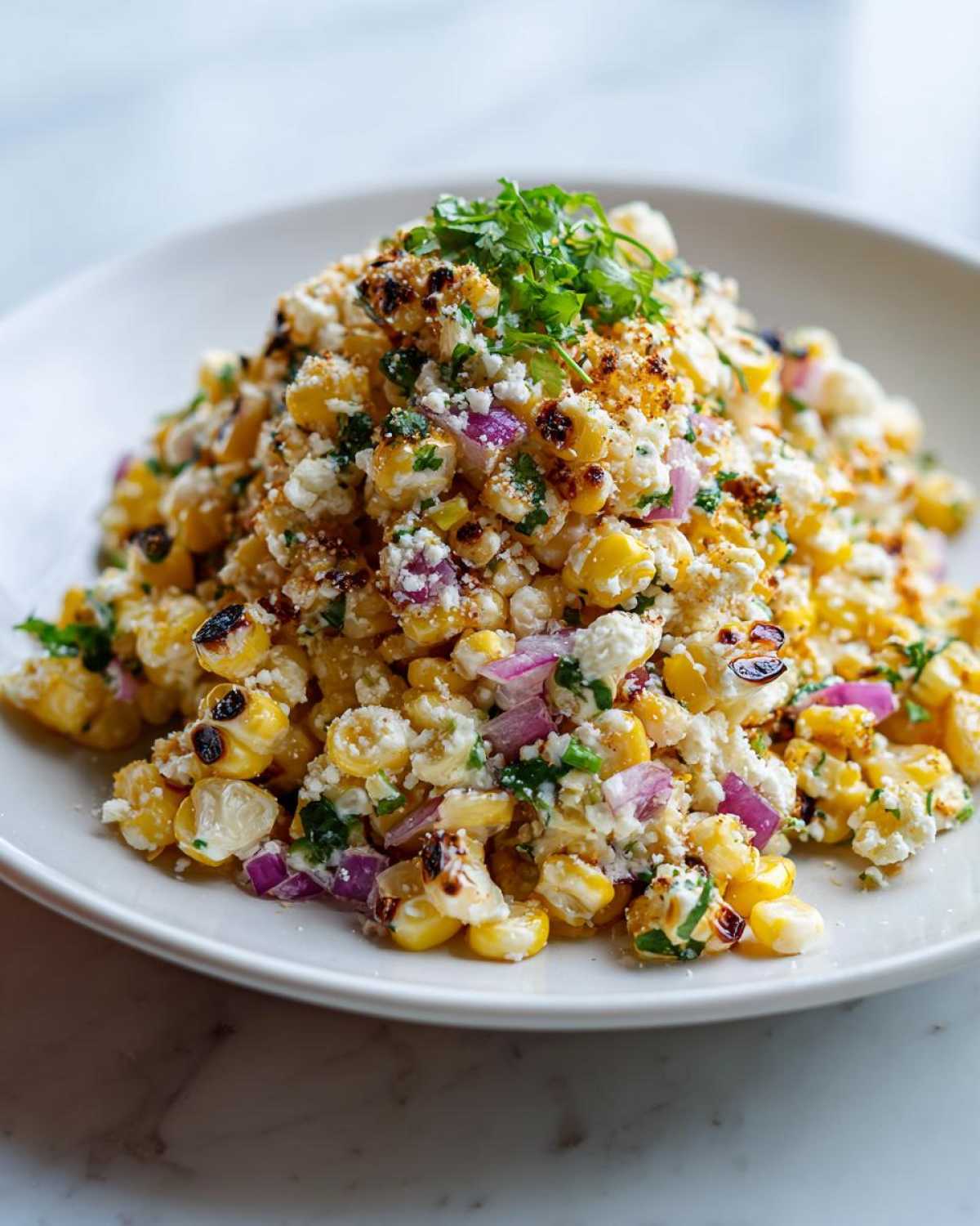 A mound of Copycat Mexican Grill Corn Salsa featuring charred corn kernels, crumbled white cheese, red onion, and cilantro garnish.