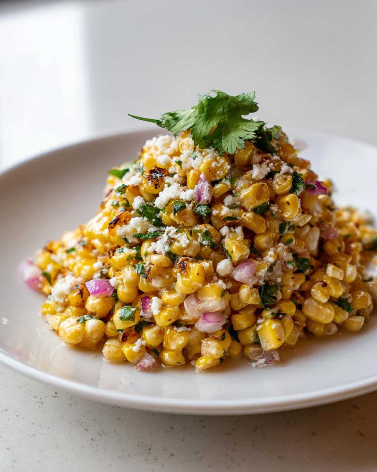 A mound of bright yellow Copycat Mexican Grill Corn Salsa mixed with red onion, cotija cheese, and cilantro on a white plate.