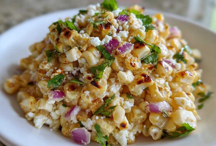 A close-up serving of Copycat Mexican Grill Corn Salsa featuring charred corn, cotija cheese, red onion, and cilantro.