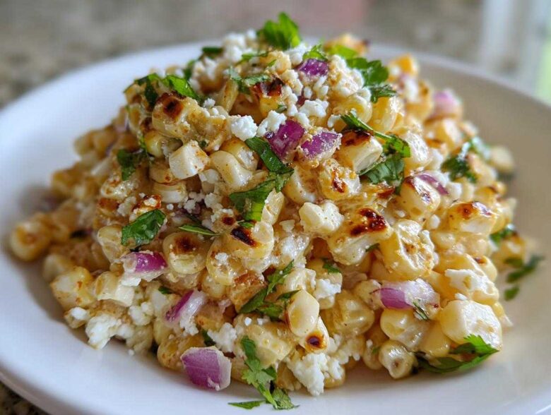 A close-up serving of Copycat Mexican Grill Corn Salsa featuring charred corn, cotija cheese, red onion, and cilantro.