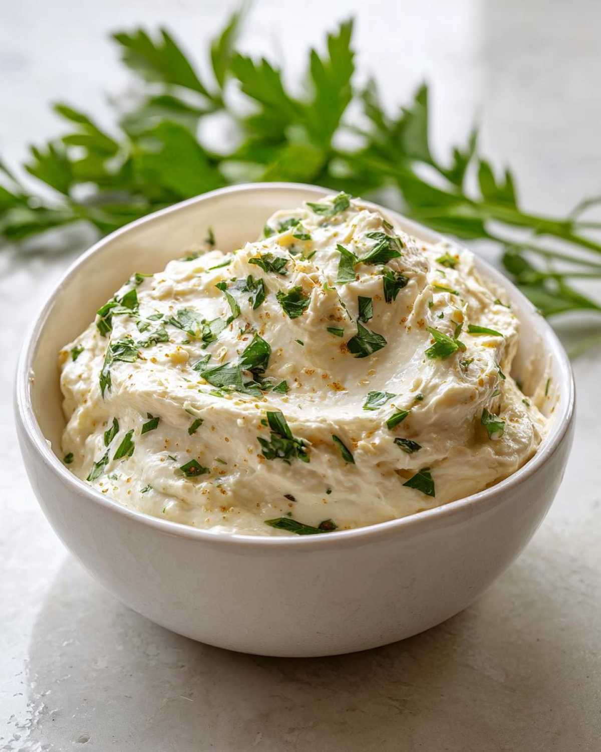 A white bowl filled with thick, creamy Copycat Pizza Garlic Parmesan Dip Sauce, topped with fresh parsley.