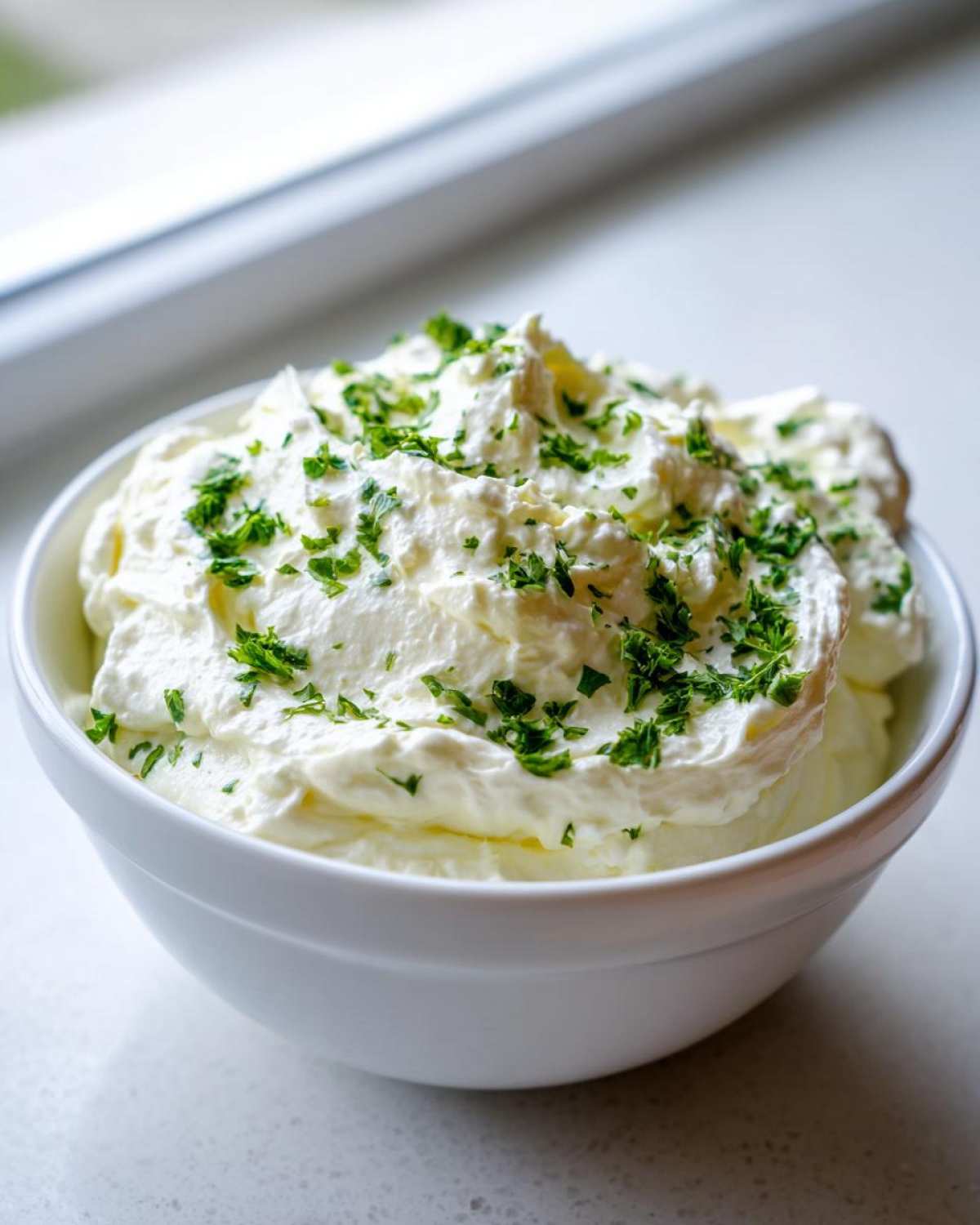 A white bowl filled with thick, creamy Copycat Pizza Garlic Parmesan Dip Sauce, garnished generously with chopped fresh parsley.