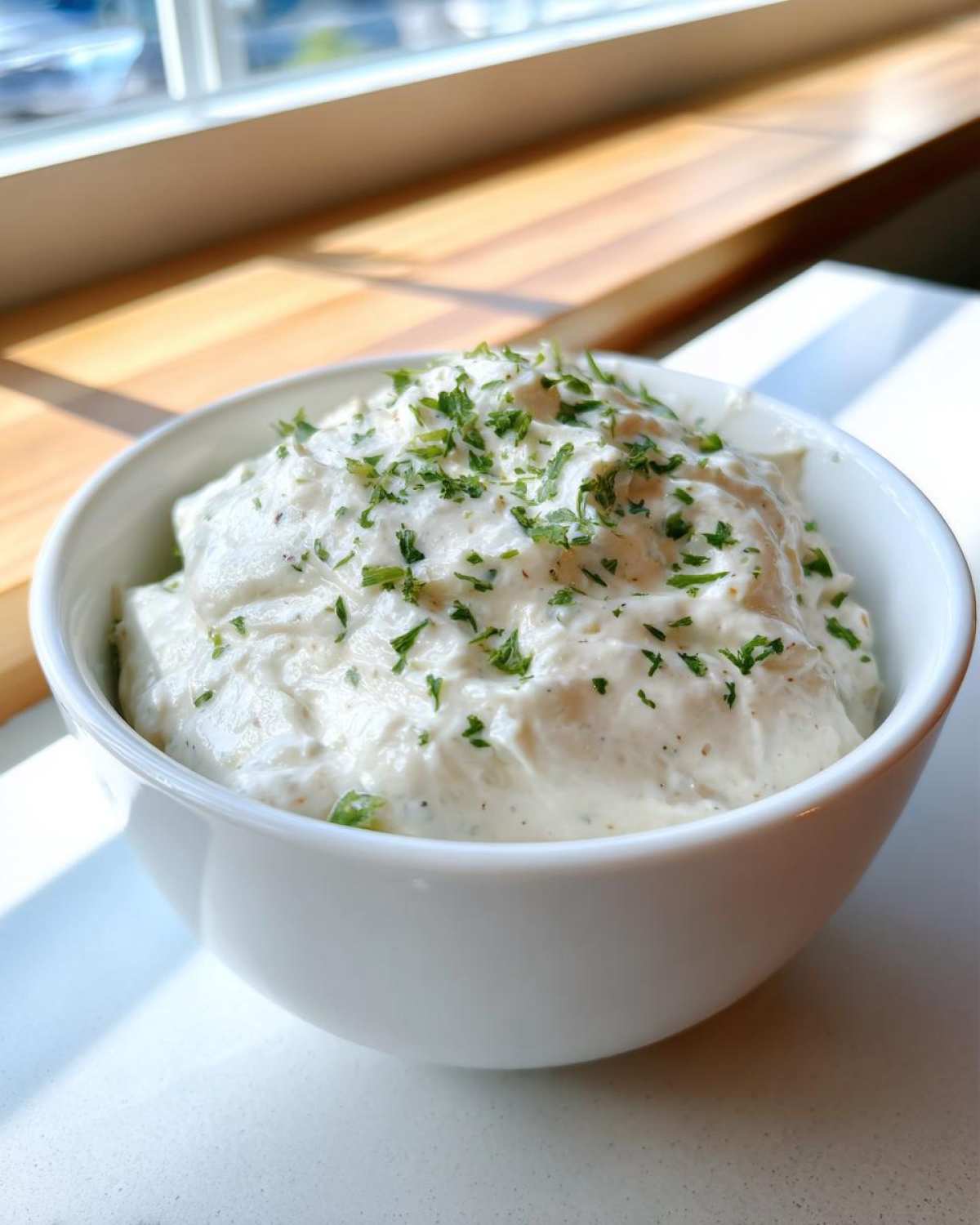 A close-up of thick, creamy Copycat Pizza Garlic Parmesan Dip Sauce topped with fresh chopped parsley in a white bowl.
