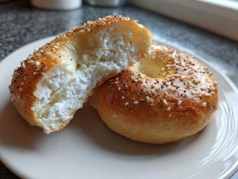 A close-up of a Cottage Cheese Bagels Breakfast, sliced in half to show the fluffy, white cottage cheese interior, topped with seeds.