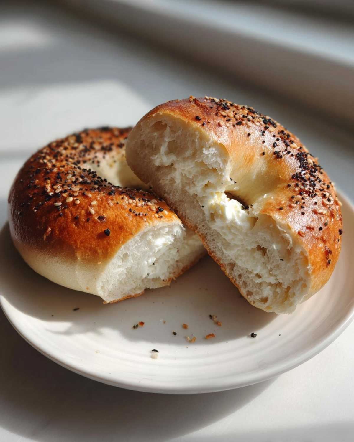 A golden-brown bagel, topped with everything seasoning, sliced open to show a thick layer of white cottage cheese filling for a Cottage Cheese Bagels Breakfast.