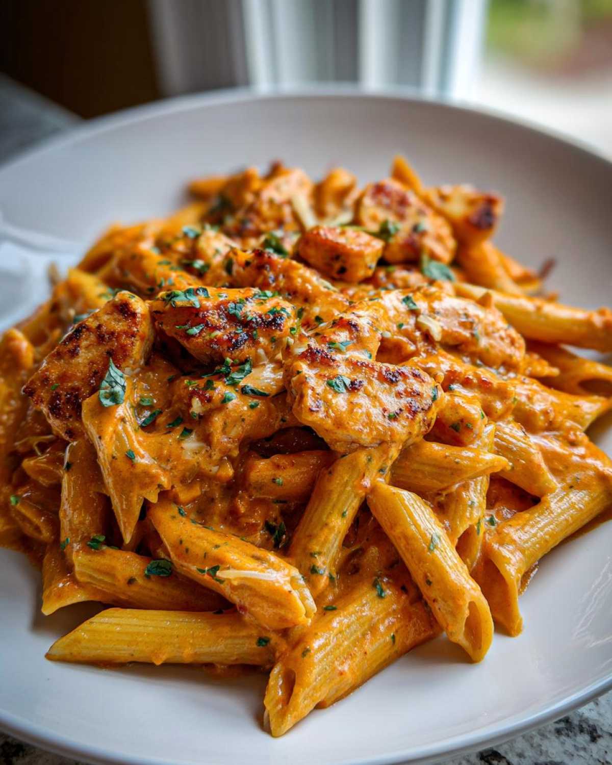 A close-up of a white bowl filled with creamy Marry Me Chicken Pasta featuring penne and seasoned chicken pieces.