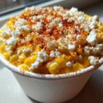 Close-up of a white cup filled with Creamy Mexican Street Corn Esquites Elote, topped with cotija cheese and chili powder.