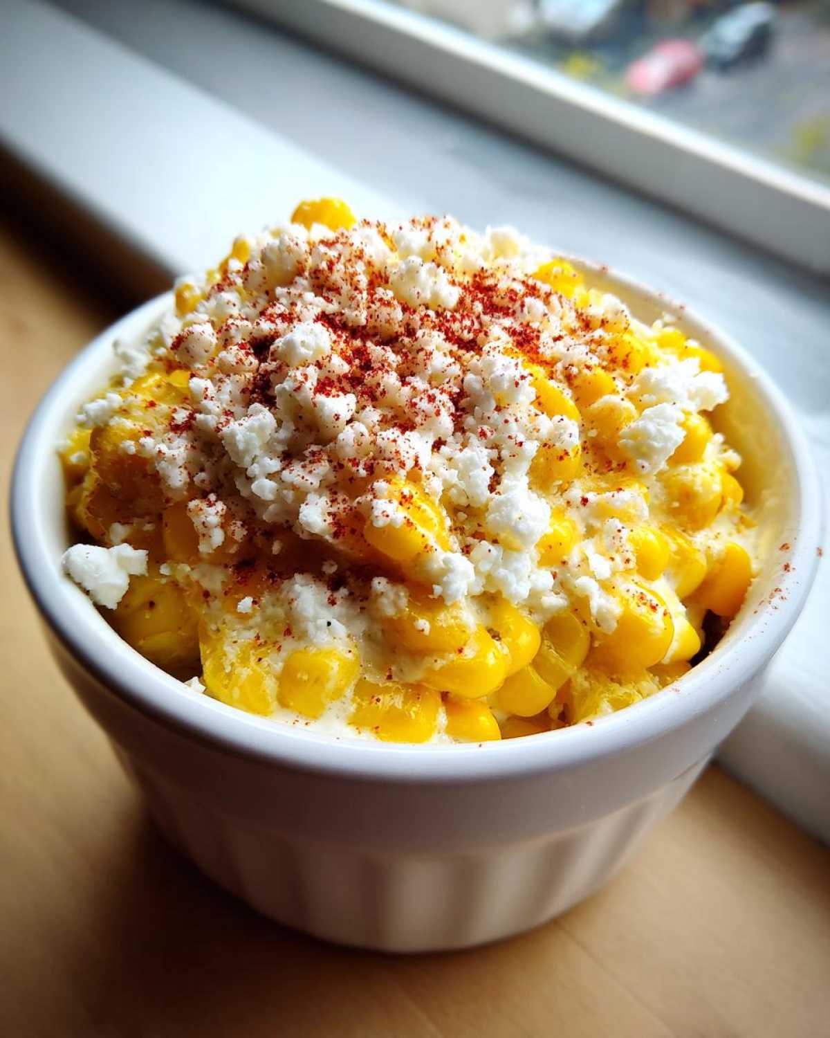 Close-up of a white ramekin filled with Creamy Mexican Street Corn Esquites Elote, topped with crumbled white cheese and chili powder.