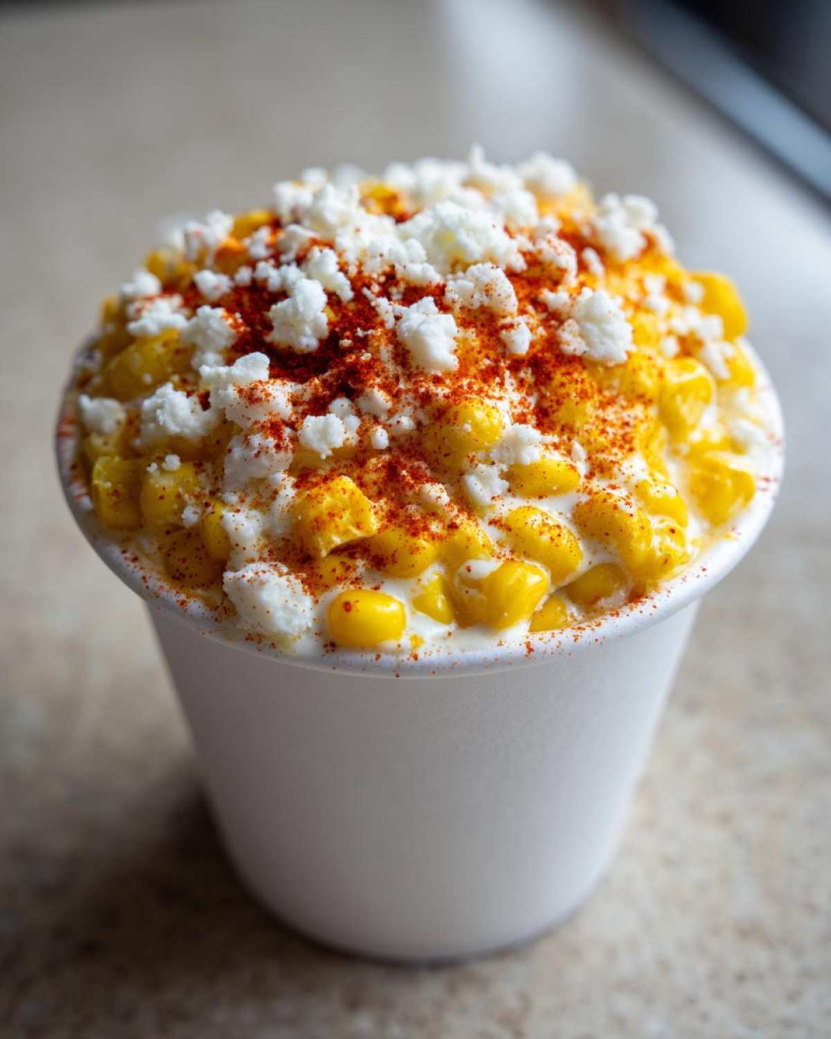 Close-up of a cup filled with Creamy Mexican Street Corn Esquites Elote, topped with cotija cheese and chili powder.