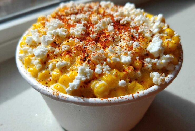 Close-up of a white cup filled with Creamy Mexican Street Corn Esquites Elote, topped with cotija cheese and chili powder.