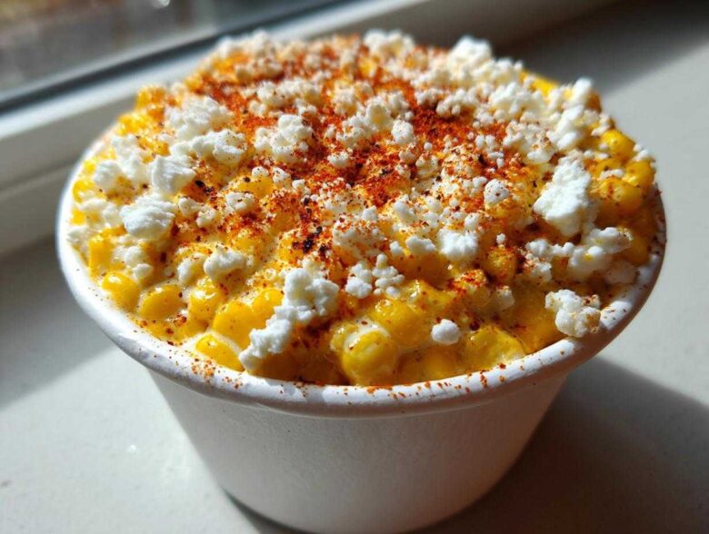 Close-up of a white cup filled with Creamy Mexican Street Corn Esquites Elote, topped with cotija cheese and chili powder.