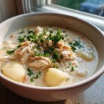 A close-up of a bowl filled with Creamy Soup Fuss Crockpot Gnocchi Chicken, topped with shredded chicken and fresh parsley.