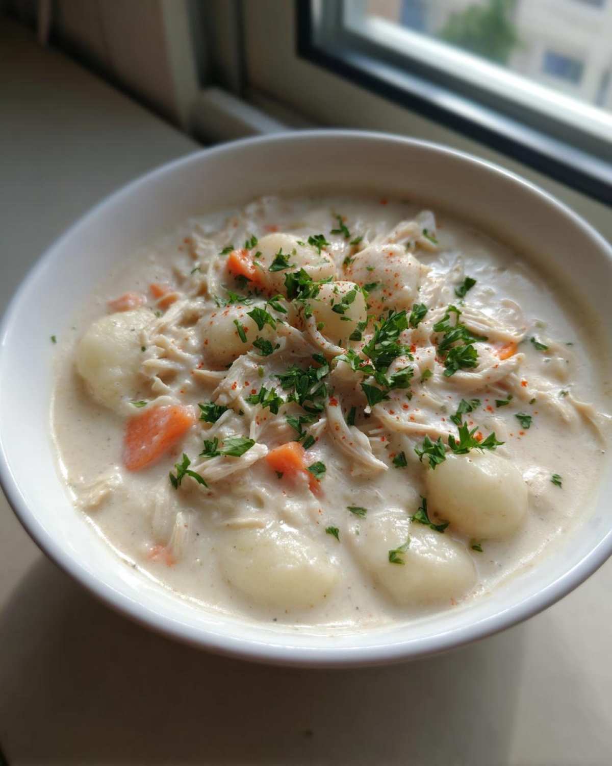 A close-up of a white bowl filled with Creamy Soup Fuss Crockpot Gnocchi Chicken, garnished with parsley.