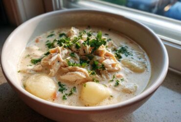 A close-up of a bowl filled with Creamy Soup Fuss Crockpot Gnocchi Chicken, topped with shredded chicken and fresh parsley.