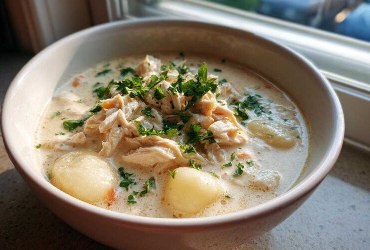 A close-up of a bowl filled with Creamy Soup Fuss Crockpot Gnocchi Chicken, topped with shredded chicken and fresh parsley.