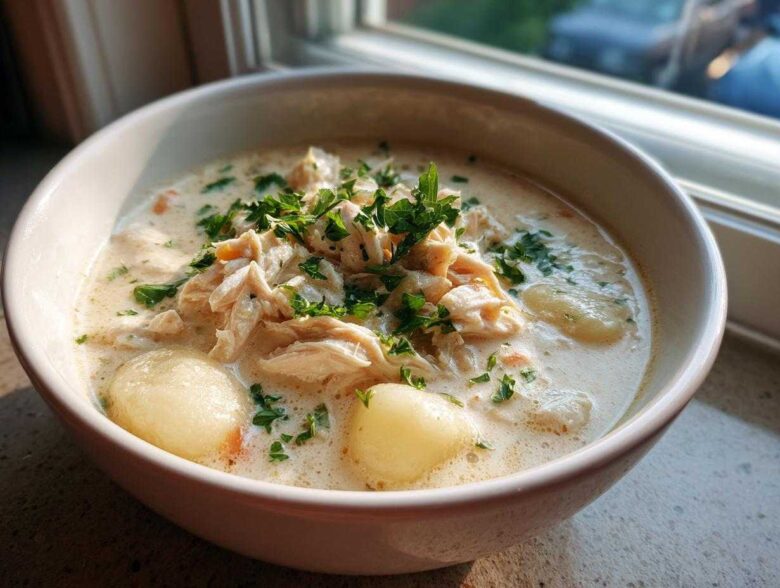 A close-up of a bowl filled with Creamy Soup Fuss Crockpot Gnocchi Chicken, topped with shredded chicken and fresh parsley.