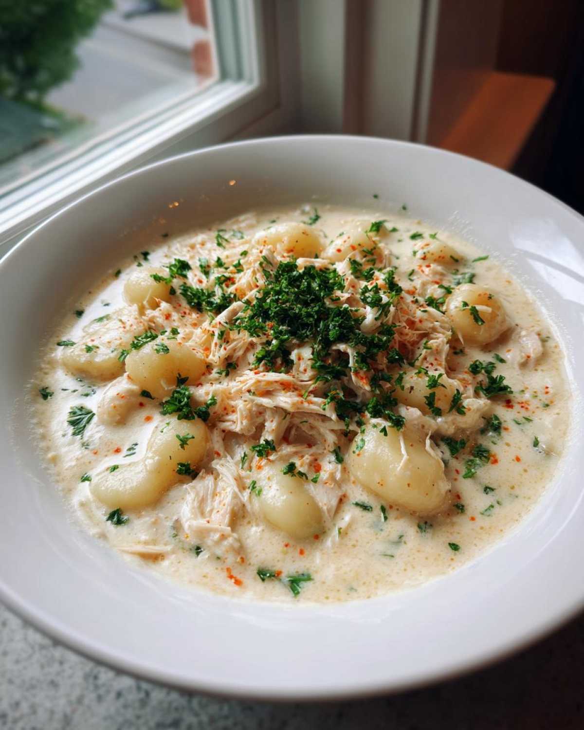 A close-up of a white bowl filled with Creamy Soup Fuss Crockpot Gnocchi Chicken, topped with shredded chicken and fresh parsley.
