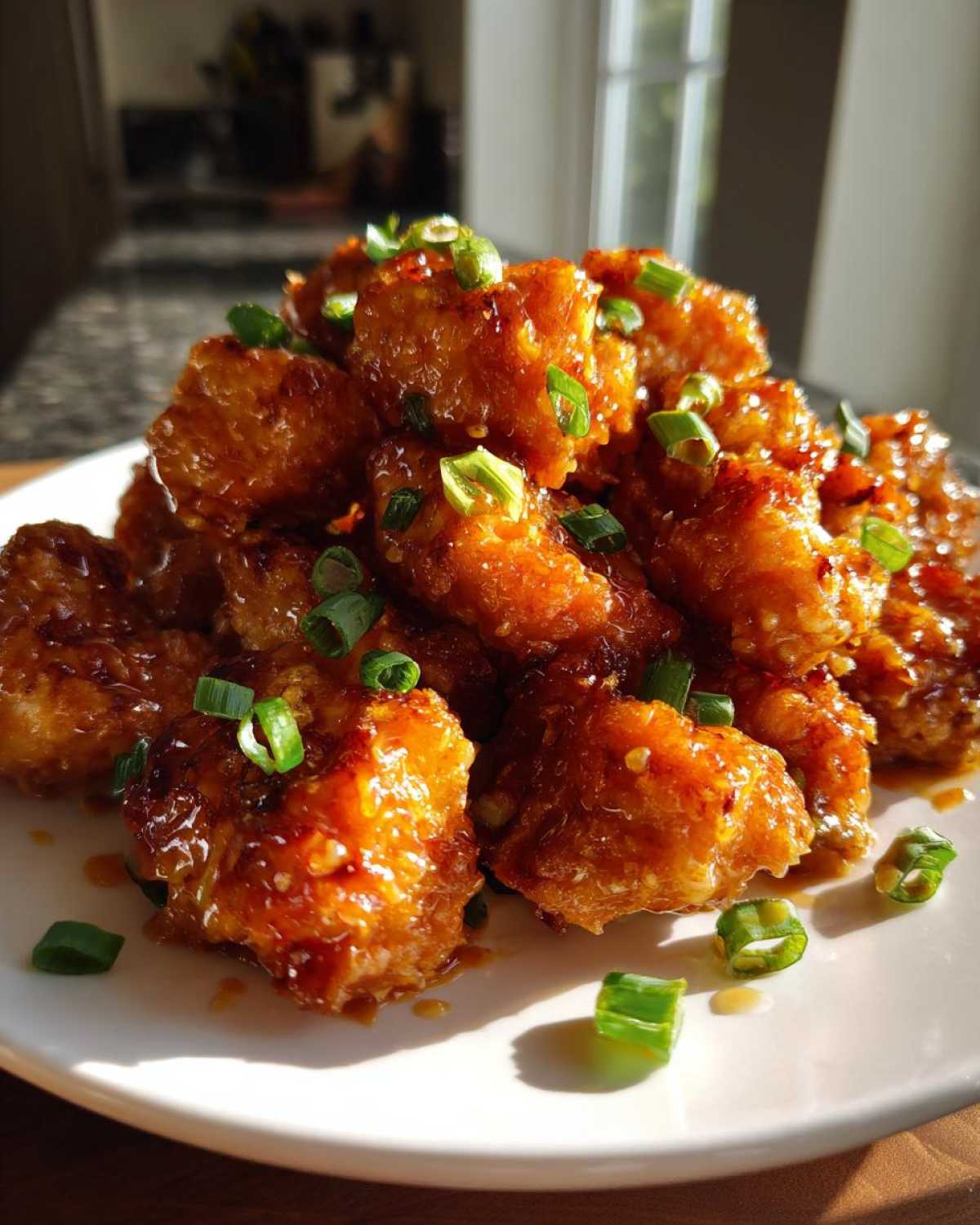 A mound of glossy, orange-glazed Crispy Bang Bang Chicken Appetizer pieces garnished with fresh green onions on a white plate.