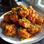 A pile of golden brown Crispy Bang Bang Chicken Appetizer pieces coated in a glossy, spicy sauce and topped with chopped green onions.