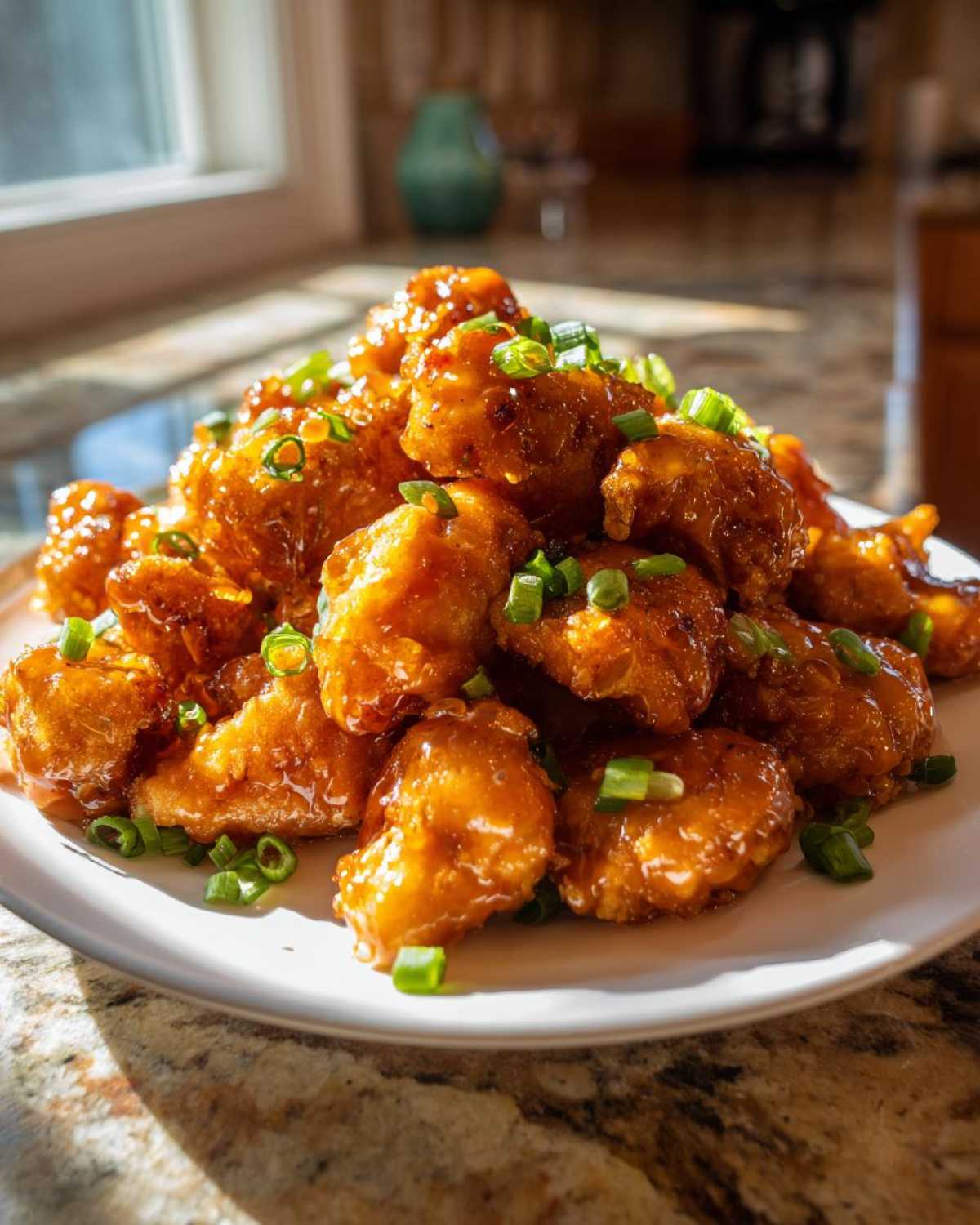 A mound of golden, saucy Crispy Bang Bang Chicken Appetizer pieces garnished with fresh green onions on a white plate.