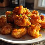 A white plate piled high with golden, crispy Bang Bang Chicken Appetizer bites coated in a glossy orange sauce and garnished with green onions.