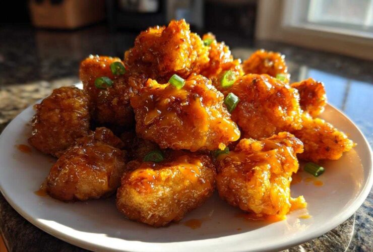 A white plate piled high with golden, crispy Bang Bang Chicken Appetizer bites coated in a glossy orange sauce and garnished with green onions.