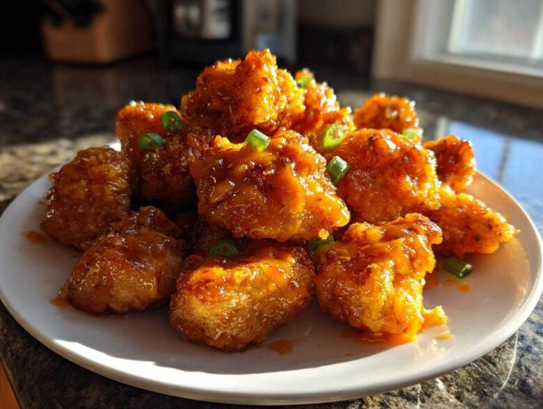 A white plate piled high with golden, crispy Bang Bang Chicken Appetizer bites coated in a glossy orange sauce and garnished with green onions.