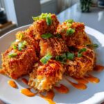 Plate of golden brown, crispy bang bang chicken pieces drizzled with spicy sauce and topped with green onions.