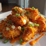 Close-up of golden, crispy pieces of Crispy Bang Bang Chicken drizzled with orange sauce and topped with sliced green onions.